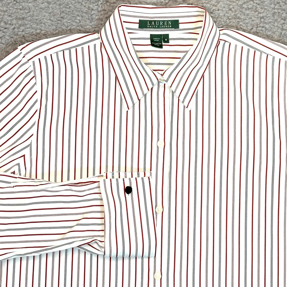 Lauren Ralph Lauren Button Down Shirt Women's M Striped Black Red French Cuffs